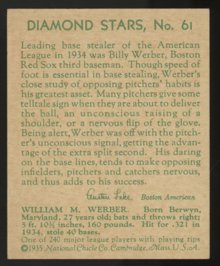 1935 National Chicle "Billie" Werber Diamond Stars #61 EX/MT