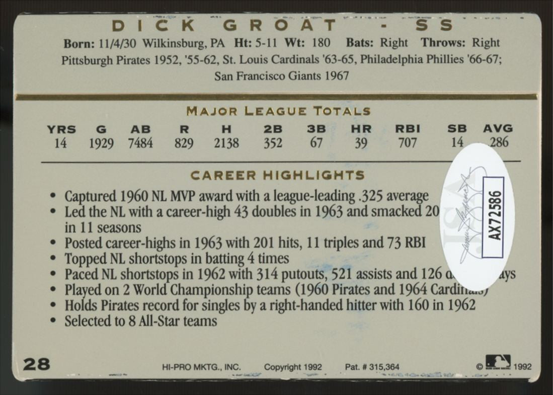 1992 Action Packed Dick Groat #28 Signed Autographed Card JSA