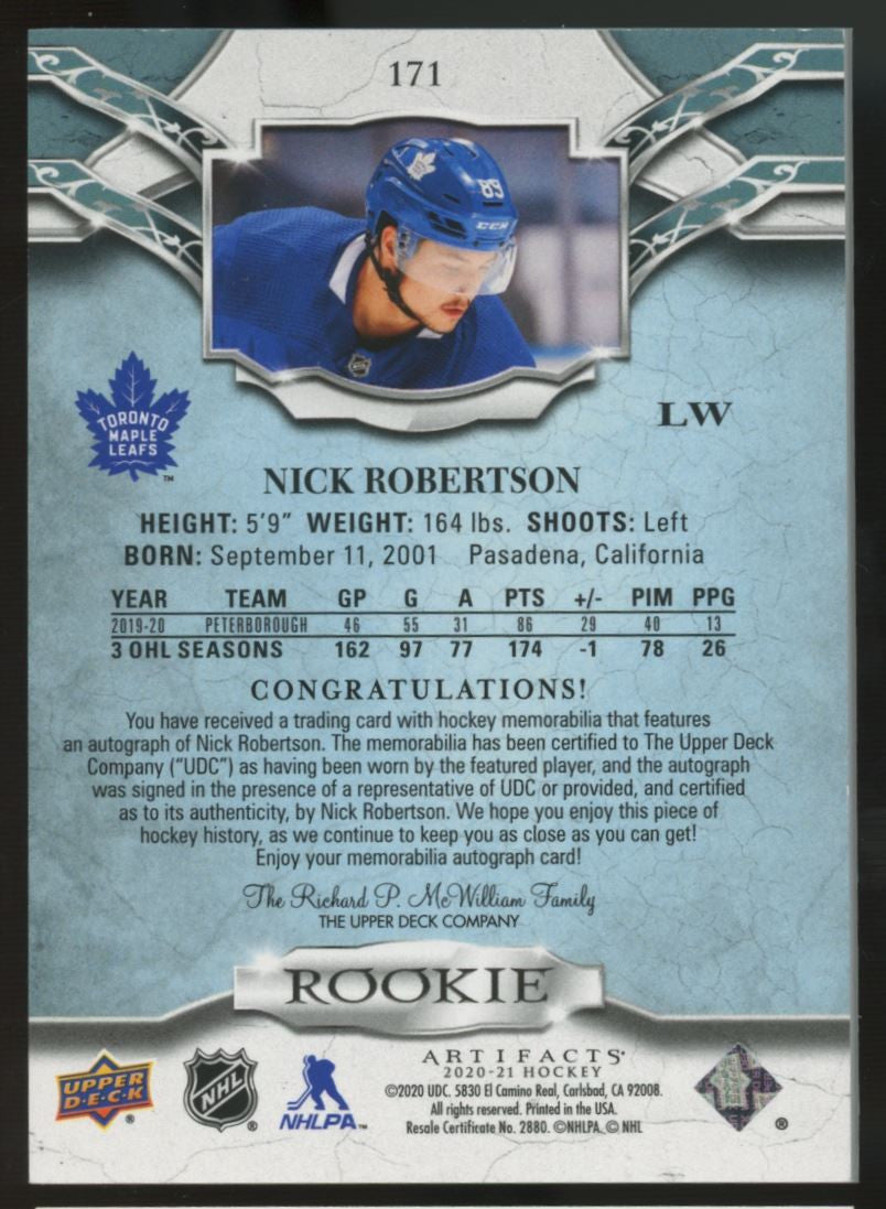 2020-21 Artifacts Nick Robertson RC Dual Patch Auto RPA Green /45 #171