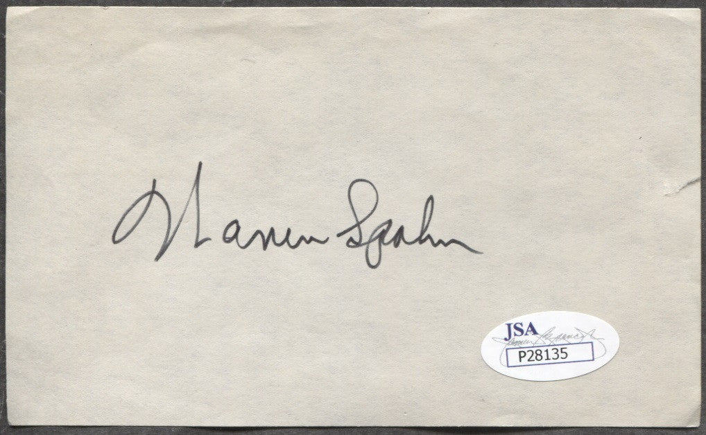 Warren Spahn Milwaukee Braves Autographed 3x5 Paper JSA Certified