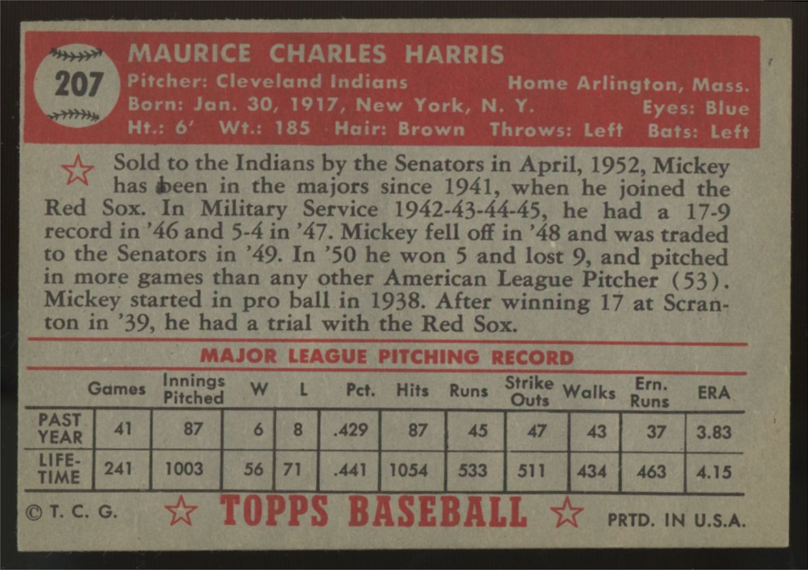1952 Topps Mickey Harris #207 EX
