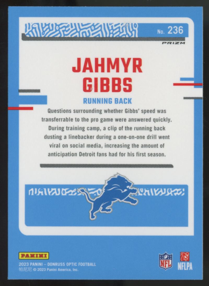 2023 Donruss Optic Jahmyr Gibbs Rated Rookie Jazz Prizm SSP #236