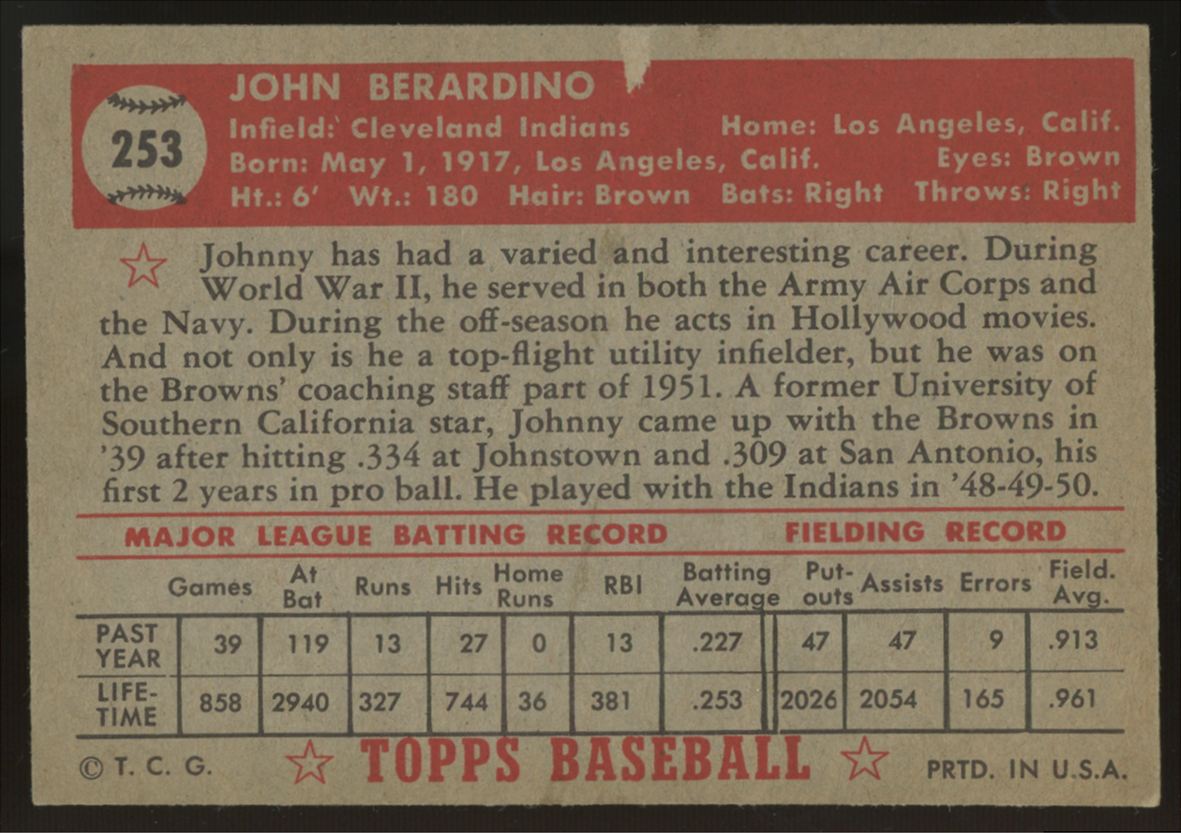 1952 Topps Johnny Berardino #253 Good
