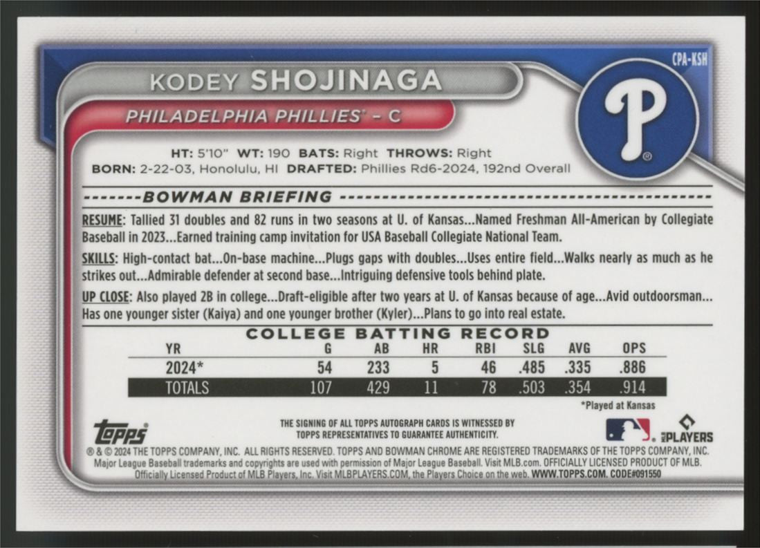 2024 Bowman Chrome Kodey Shojinaga 1st Auto Gold /50 #CPA-KSH