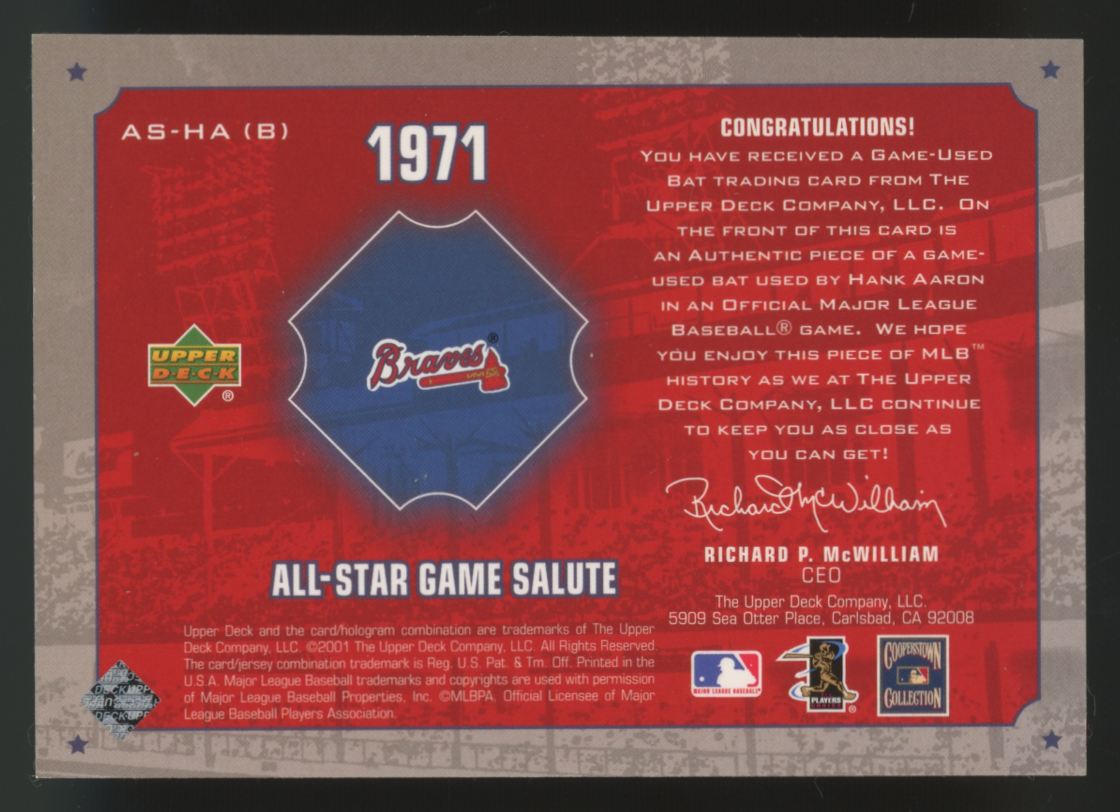 2001 Upper Deck Hank Aaron 1971 All-Star Game Salute Bat Relic #AS-HA