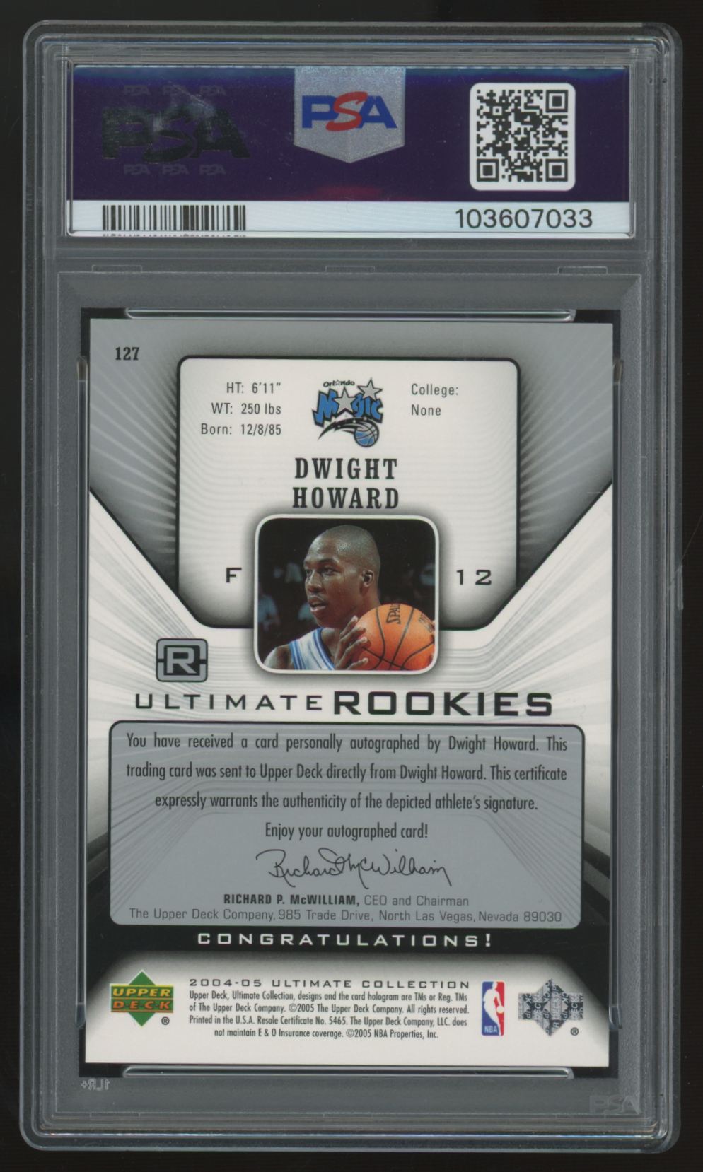 2004-05 Upper Deck Ultimate Collection Dwight Howard RC Auto /250 #127 PSA 9