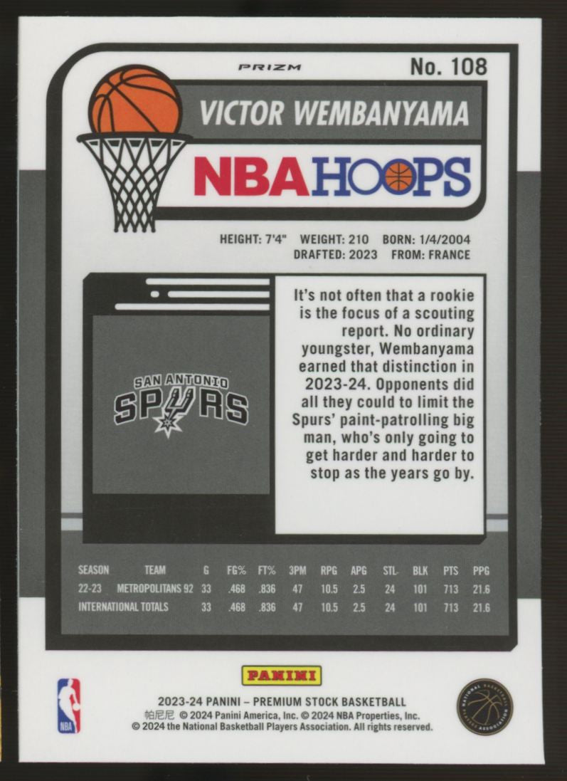 2023-24 Hoops Premium Stock Victor Wembanyama RC Ice #108