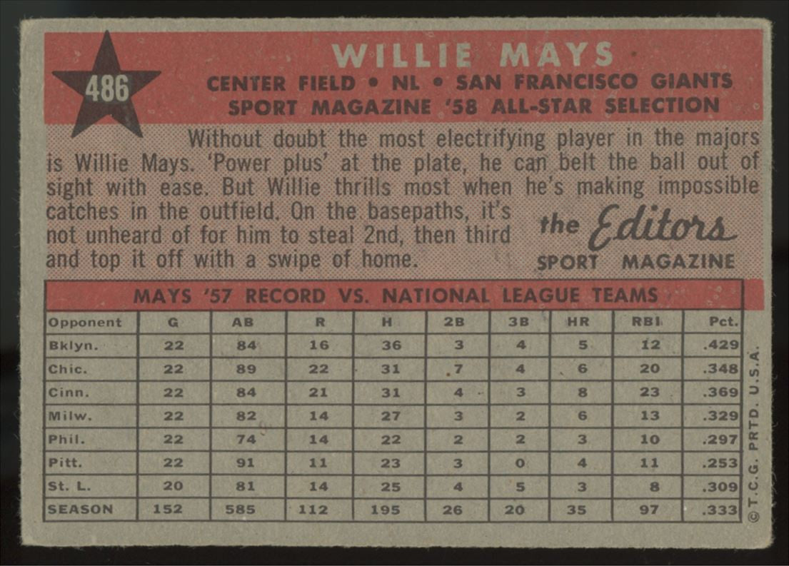1958 Topps Willie Mays AS #486 VG