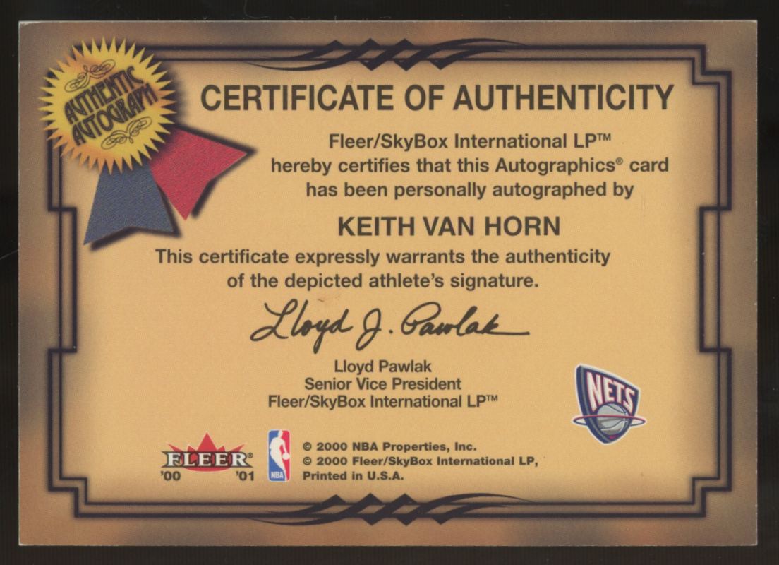 2000-01 Fleer Keith Van Horn Autographics Silver Auto /250