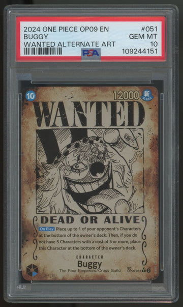 2024 One Piece Buggy OP09 Wanted Alt Art #051 PSA 10