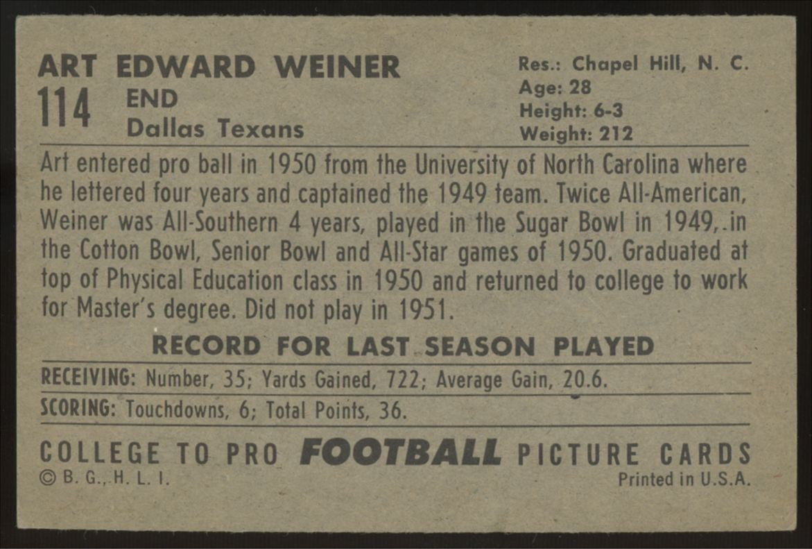 1952 Bowman Large Art Weiner #114 EX