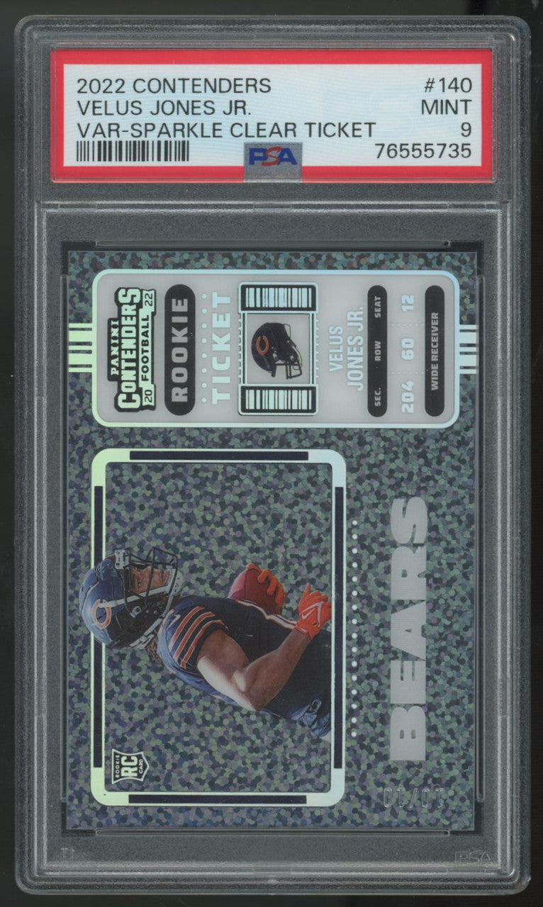 2022 Panini Contenders Velus Jones Jr. RC Sparkle Clear Rookie Ticket #140 PSA 9