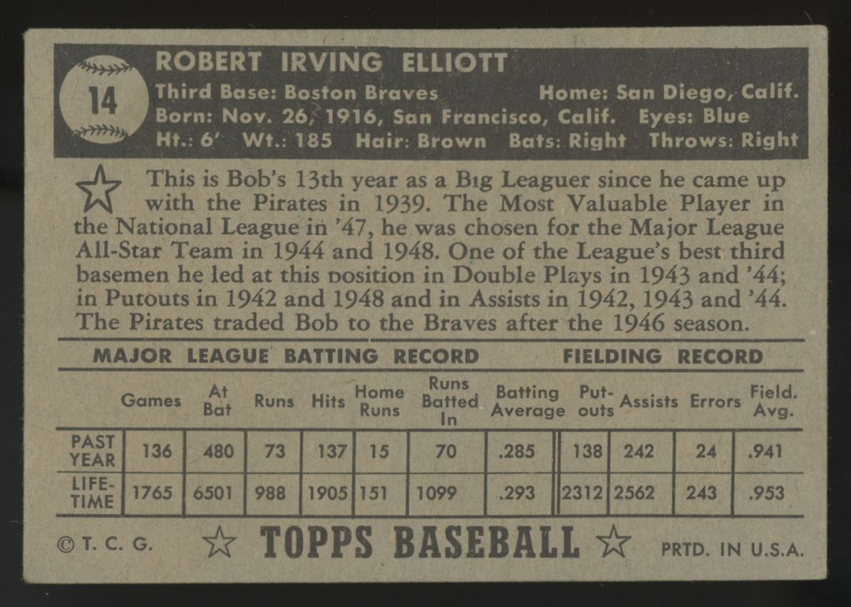 1952 Topps Bob Elliott Black Back #14 VG/EX