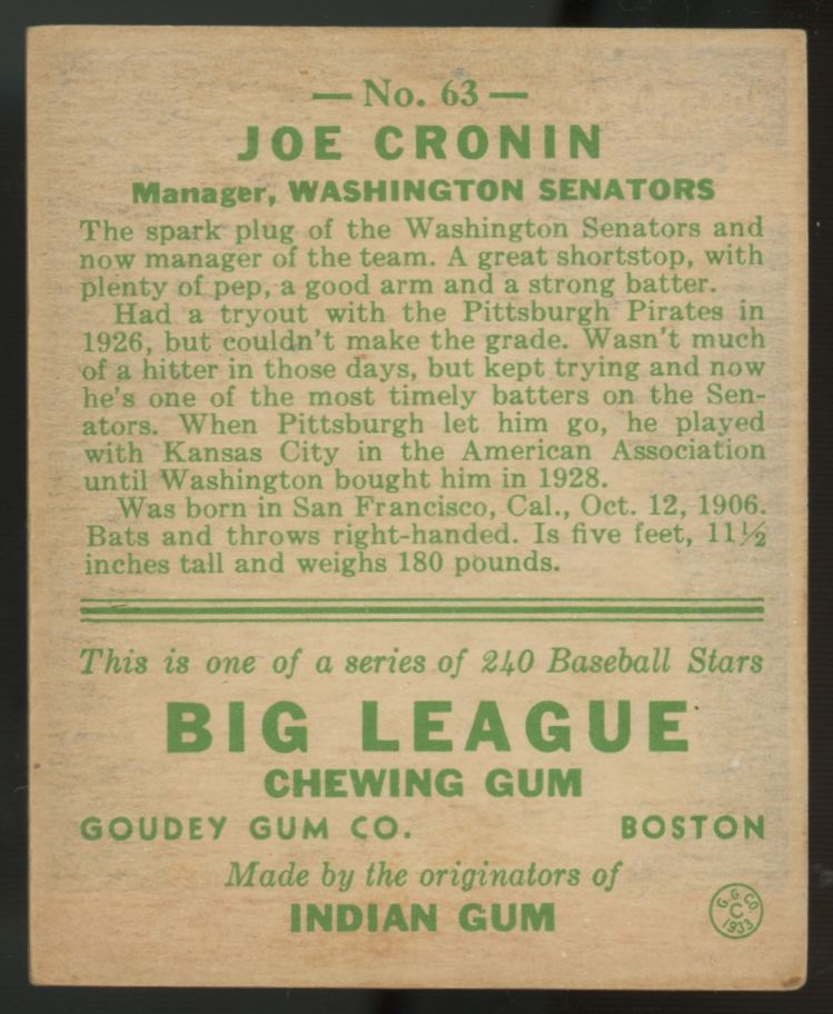1933 Goudey Joe Cronin #63 EX/MT