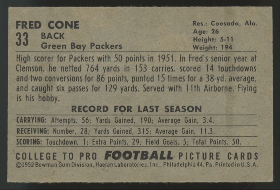 1952 Bowman Small  Fred Cone #33 EX-MT