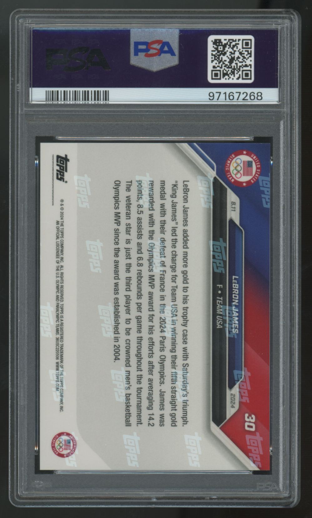 2024 Topps Now Olympics LeBron James Honored MVP #30 PSA 10