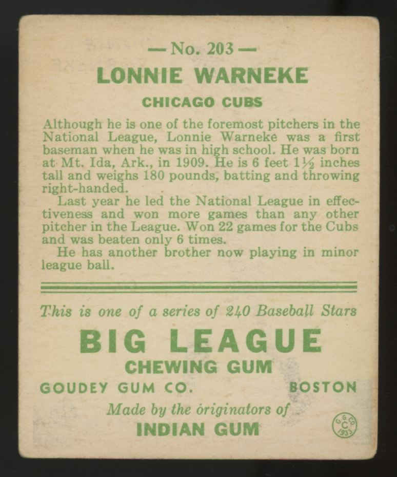 1933 Goudey Lonnie Warneke #203 VG