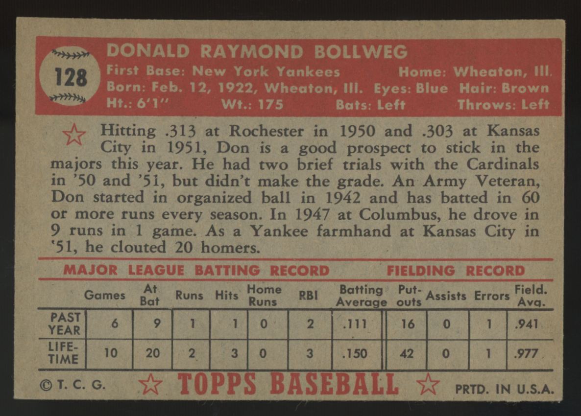 1952 Topps Don Bollweg RC #128 VG/EX