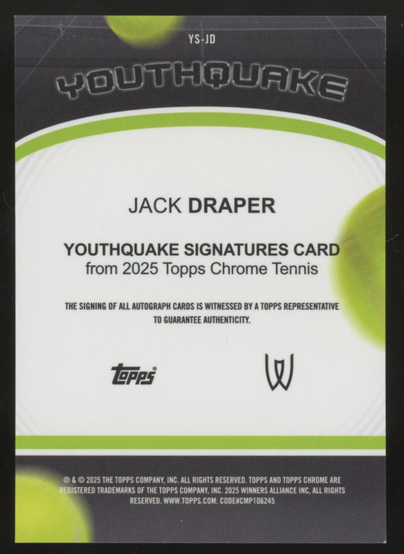 2025 Topps Chrome Tennis Jack Draper Youthquake Gold Refractor Auto /50 #YS-JD