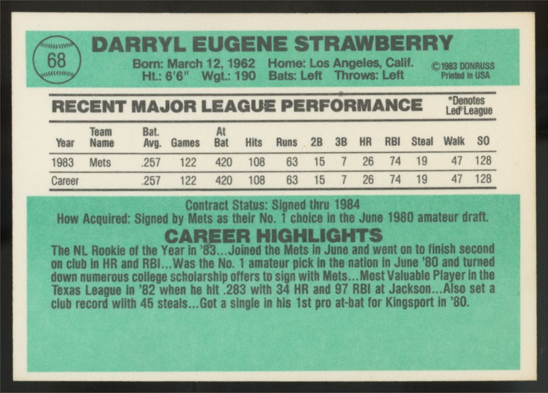1984 Donruss Darryl Strawberry RC #68 NM-MT
