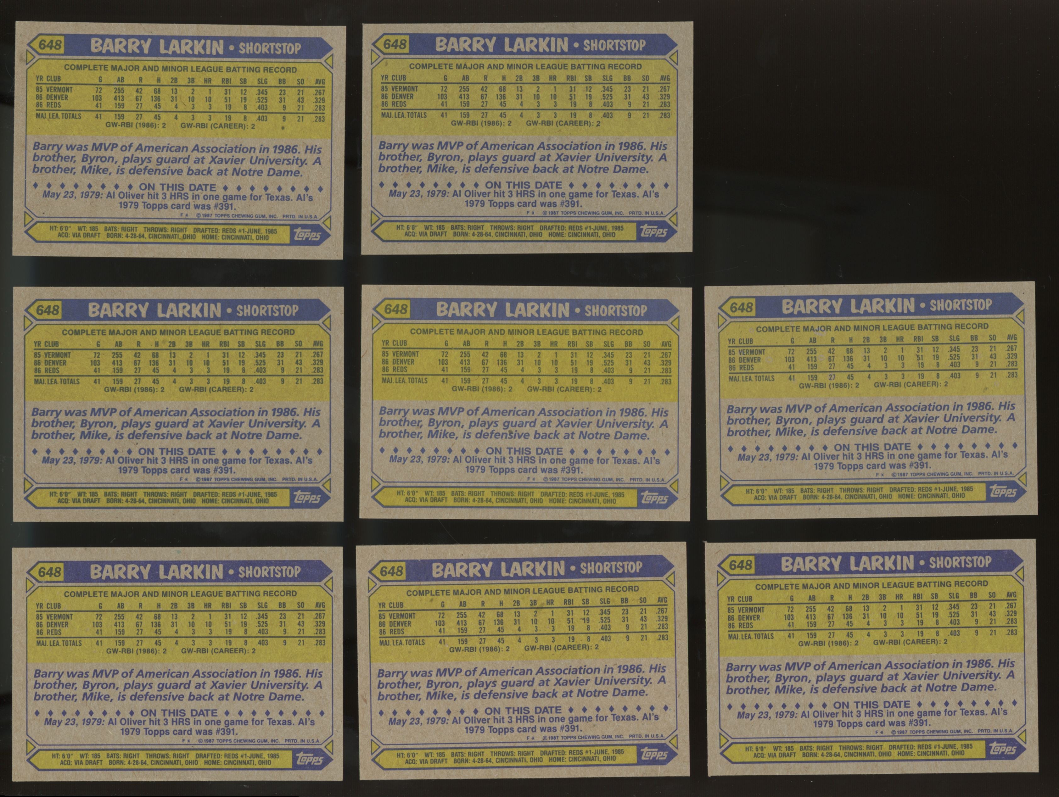 1987 Topps Barry Larkin RC #648 (Lot of 8)