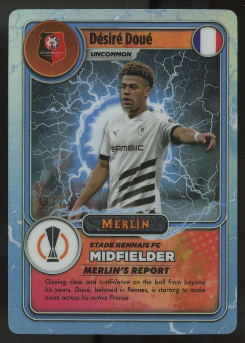 2023-24 Topps Merlin UEFA Club Desire Doue Gamers Lightning Blue Refractor /75