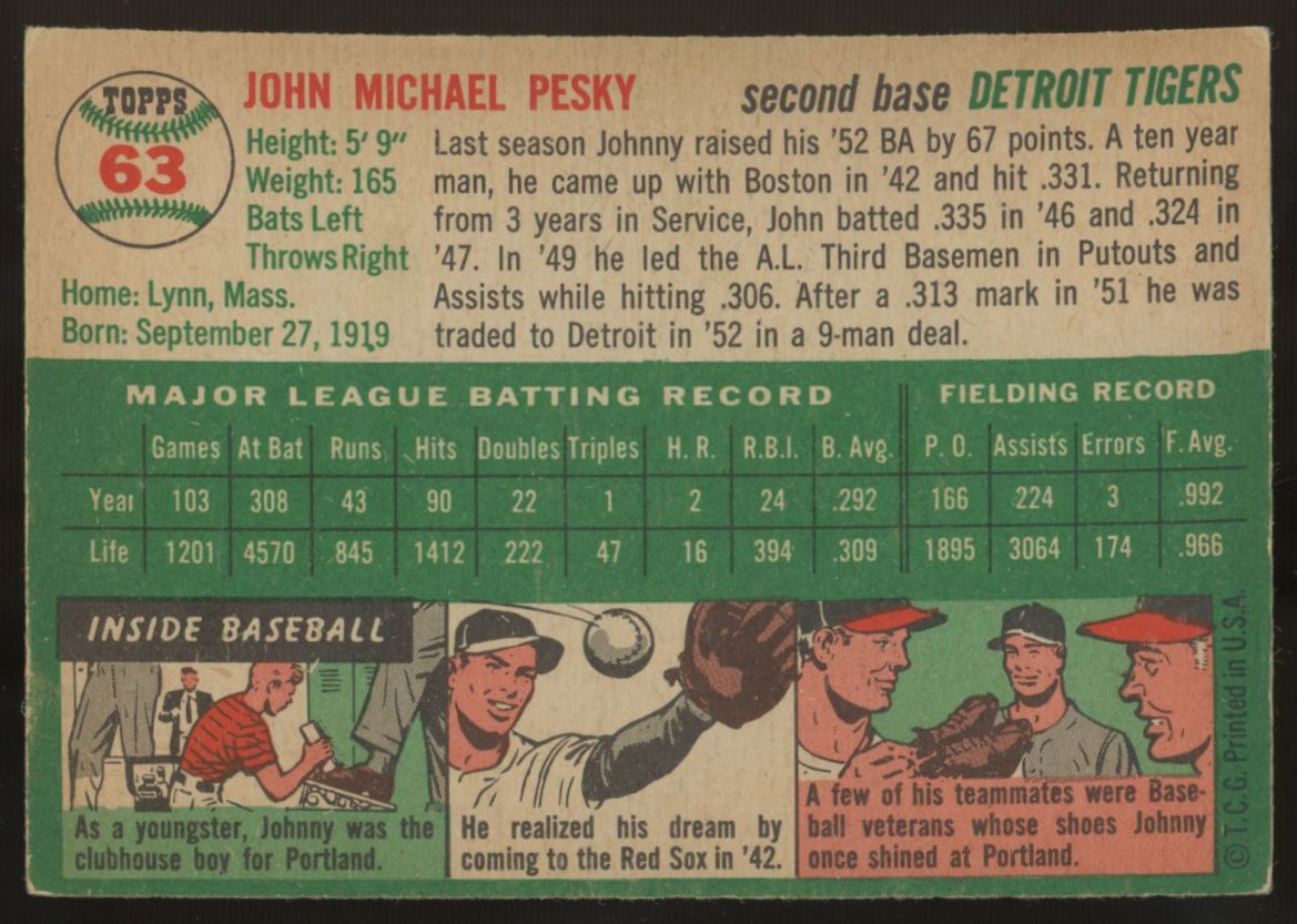 1954 Topps Johnny Pesky #63 EX+