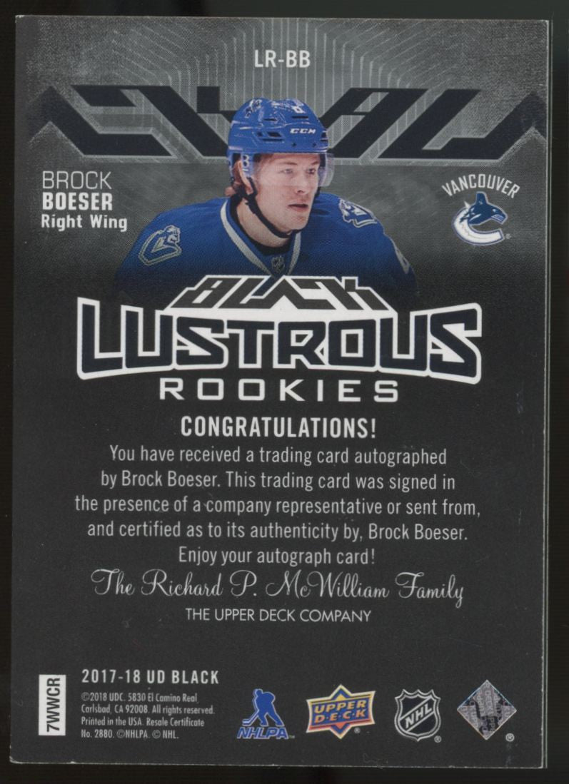 2017/18 Upper Deck Black Brock Boeser RC Lustrous Rookies Auto /75 #LR-BB