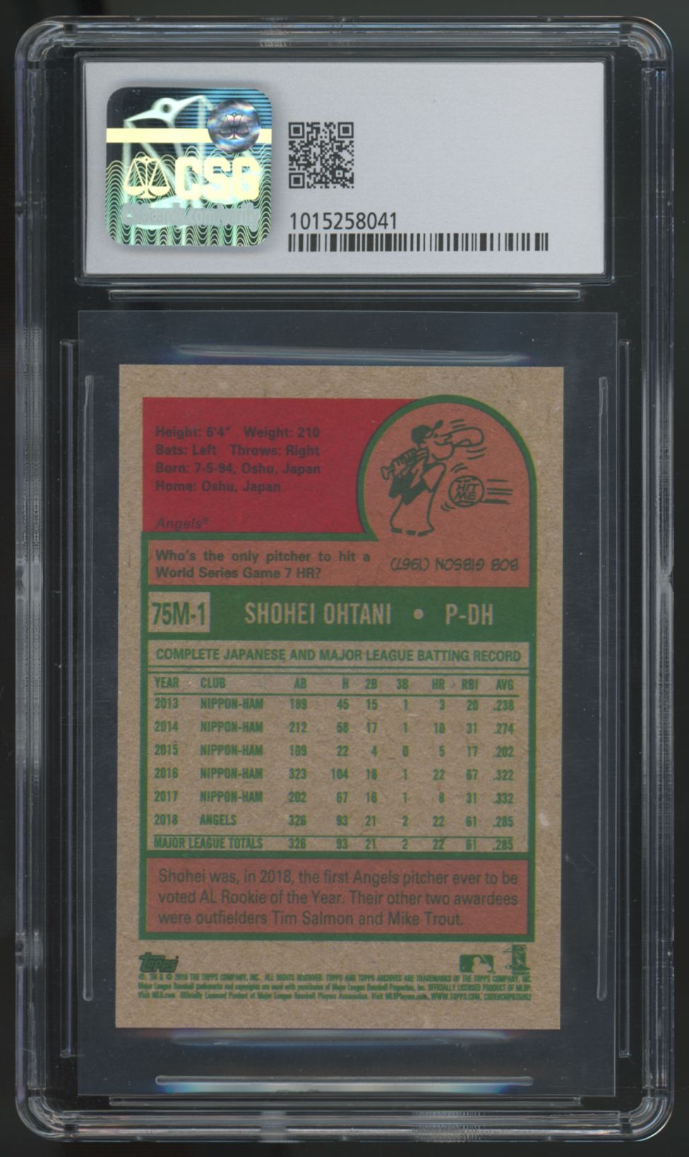 2019 Topps Archives Shohei Ohtani 1975 Mini #75M-1 CSG 9