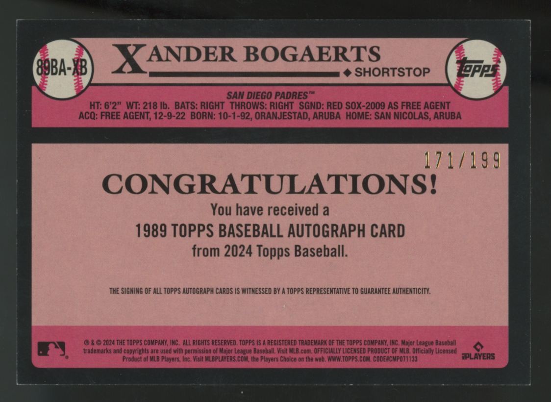 2024 Topps Series Two Xander Bogaerts Black 1989 Auto /199 #89BA-XB