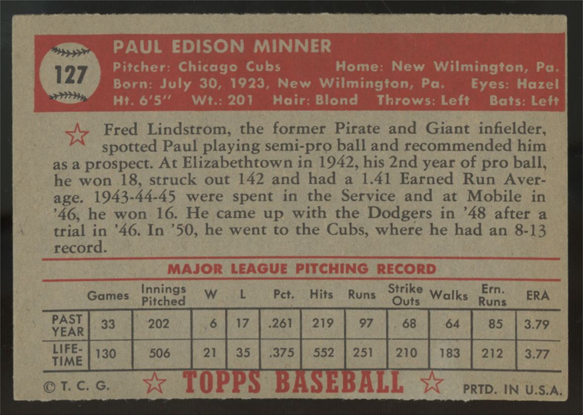 1952 Topps Paul Minner #127 EX