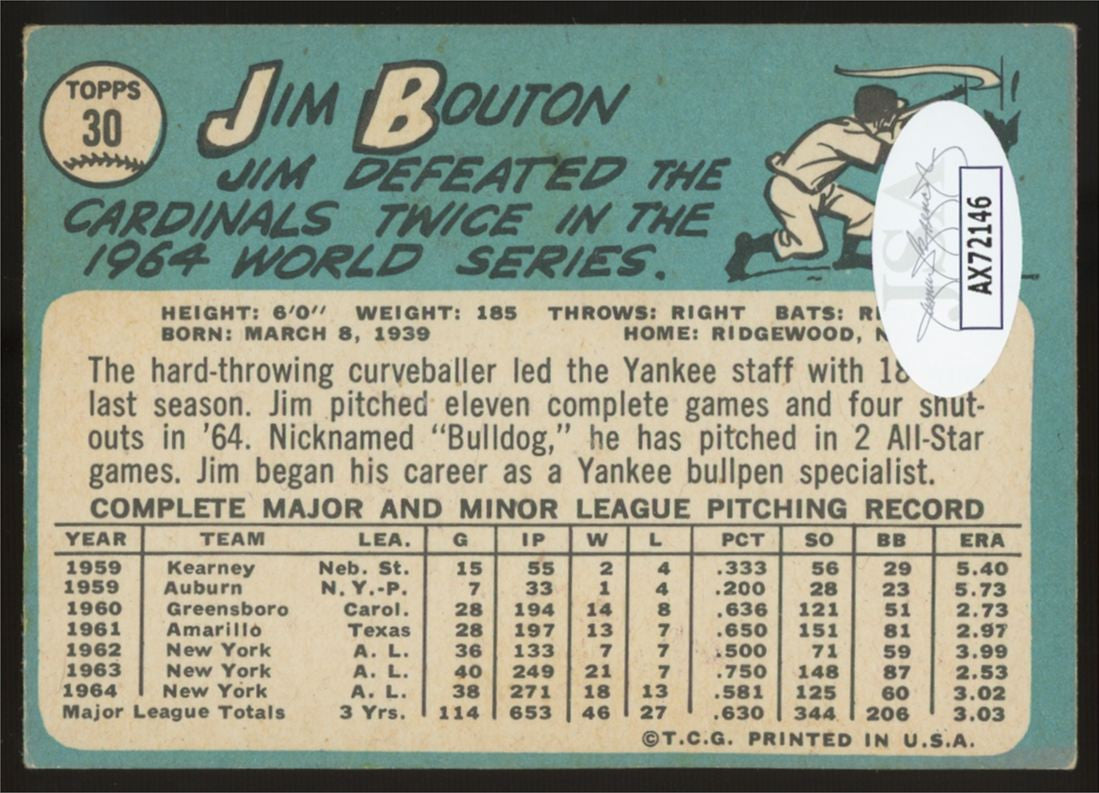 1965 Topps Jim Bouton #30 Signed Autographed Card JSA