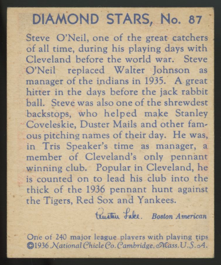 1936 National Chicle Steve O'Neil Diamond Stars #87 NM