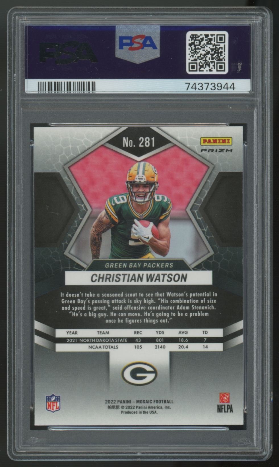 2022 Panini Mosaic Christian Watson RC Genesis SSP #281 PSA 10