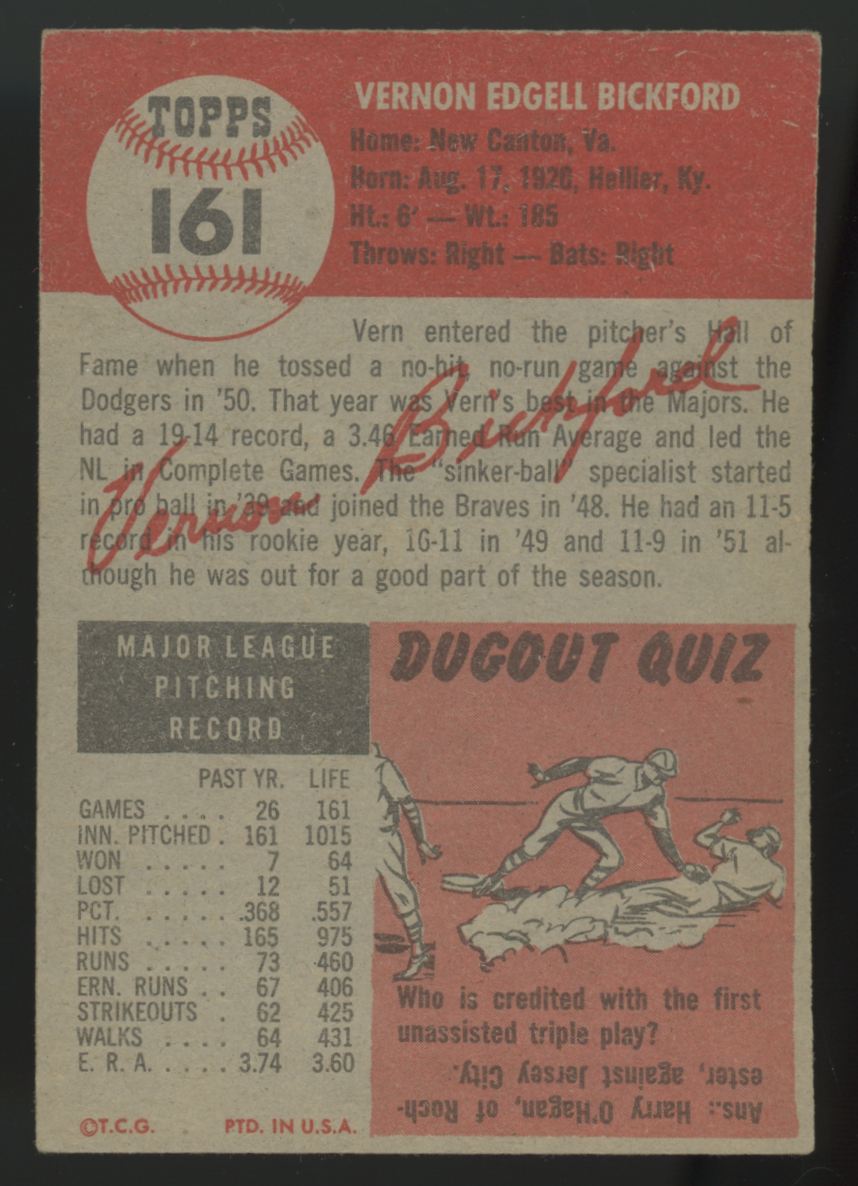 1953 Topps Vern Bickford #161 EX/MT