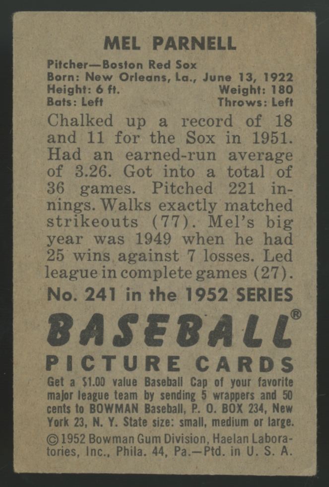 1952 Bowman Mel Parnell #241 VG/EX