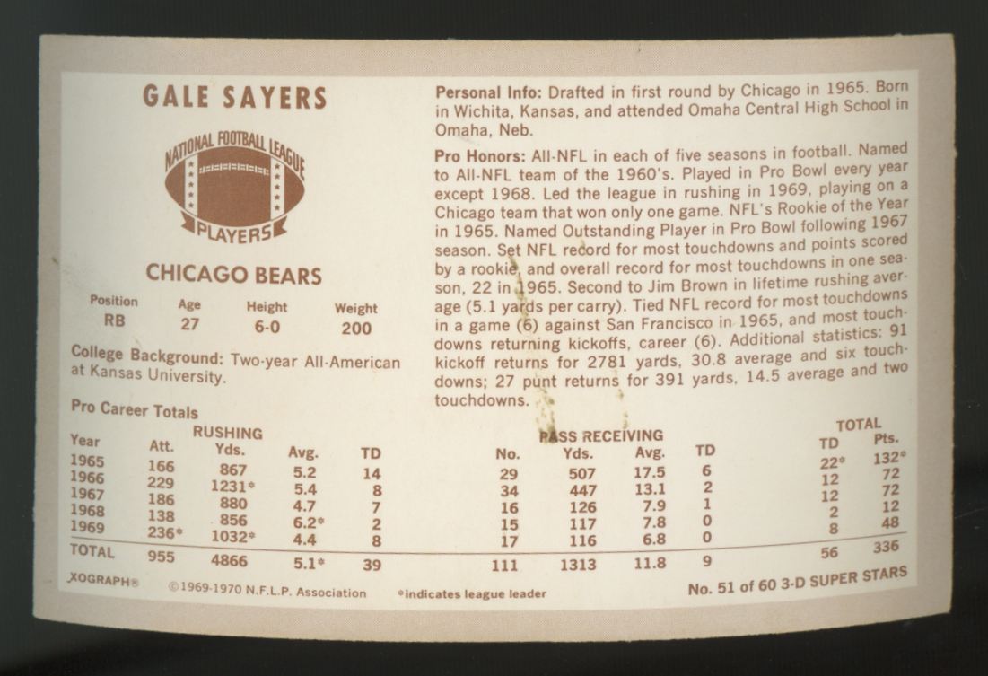 1970 Kellogg's Gale Sayers 3-D Super Stars #51 NM