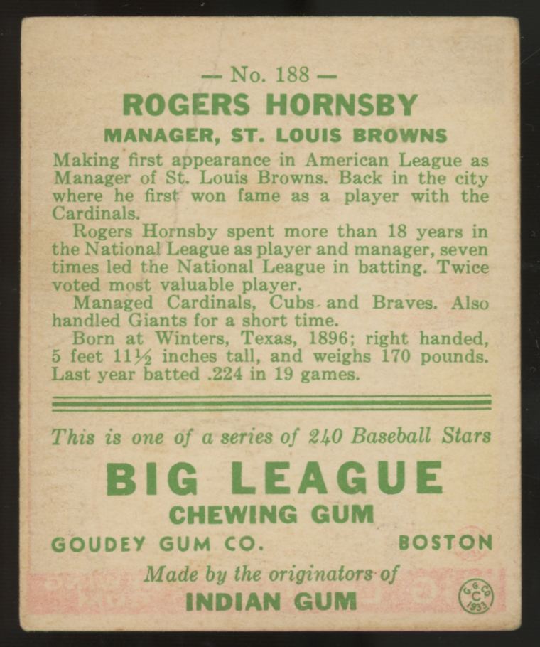 1933 Goudey Rogers Hornsby #188 G/VG