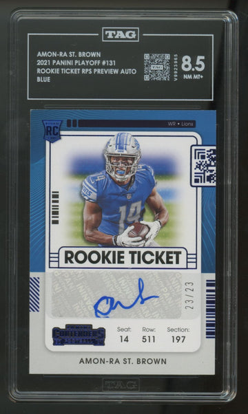2021 Playoff Amon-Ra St. Brown RC Rookie Ticket Preview Auto /23 #131 TAG 8.5