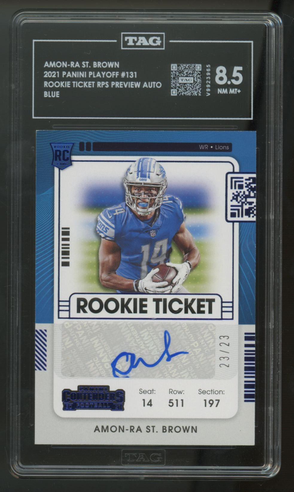 2021 Playoff Amon-Ra St. Brown RC Rookie Ticket Preview Auto /23 #131 TAG 8.5