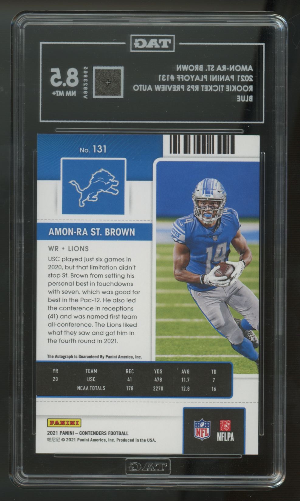 2021 Playoff Amon-Ra St. Brown RC Rookie Ticket Preview Auto /23 #131 TAG 8.5