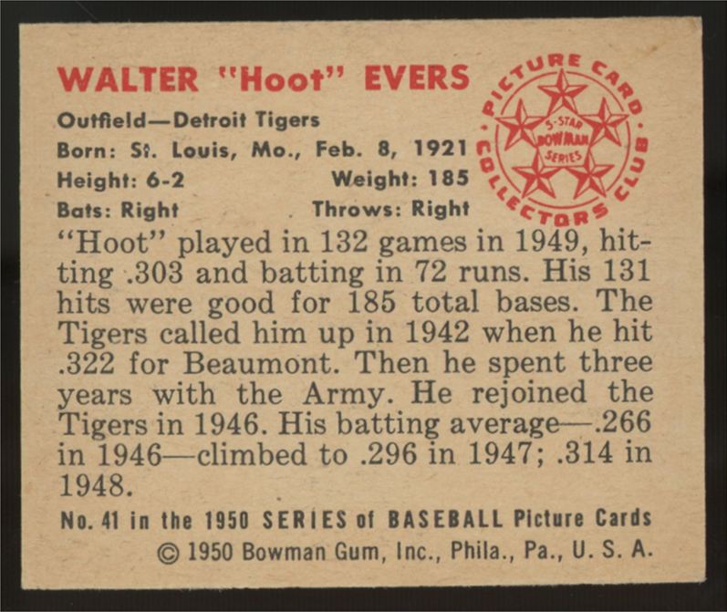 1950 Bowman Walter "Hoot" Evers #41 EX