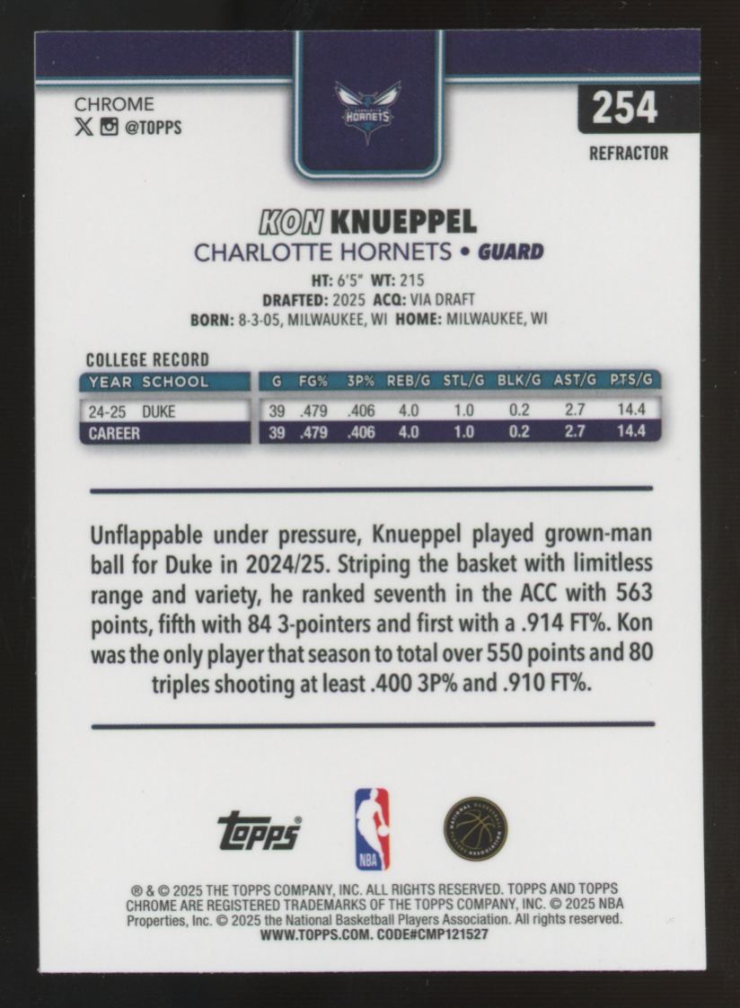 2025-26 Topps Chrome Kon Knueppel RC Refractor #254