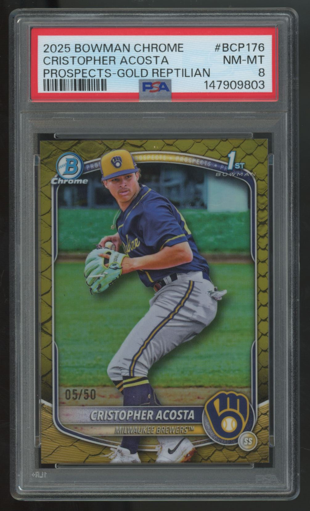 2025 Bowman Chrome Cristopher Acosta 1st Prospects Gold Reptilian /50 PSA 8