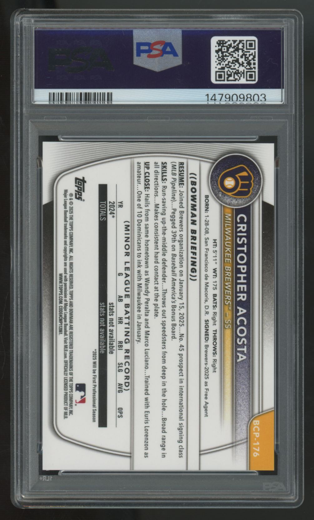 2025 Bowman Chrome Cristopher Acosta 1st Prospects Gold Reptilian /50 PSA 8