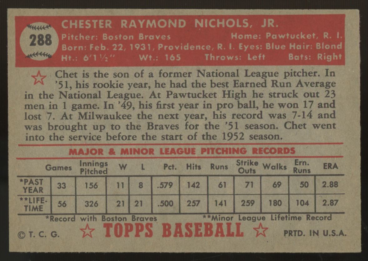 1952 Topps Chet Nichols #288 NM