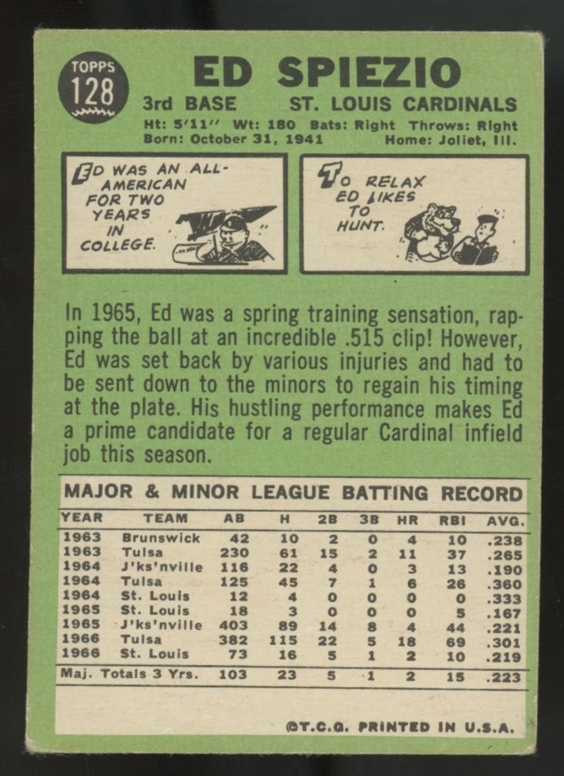 1967 Topps Ed Spiezio "SPIE Missing Variation #128 VG/VG-EX