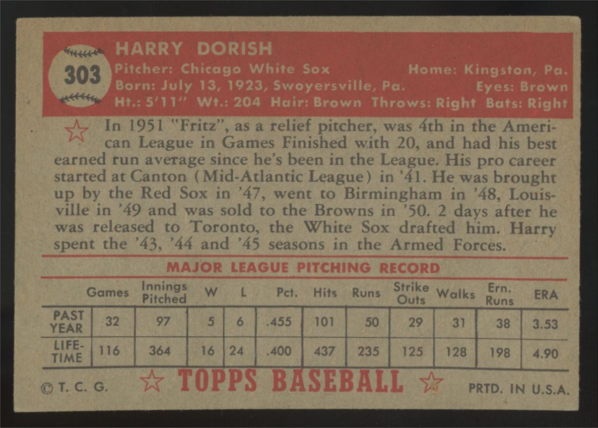 1952 Topps Harry Dorish #303 VG/EX-EX