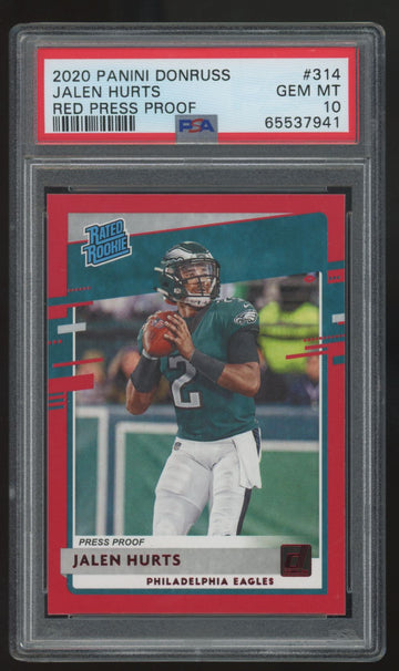 2020 Panini Donruss Jalen Hurts RC Rated Rookie Red Press Proof #314 PSA 10