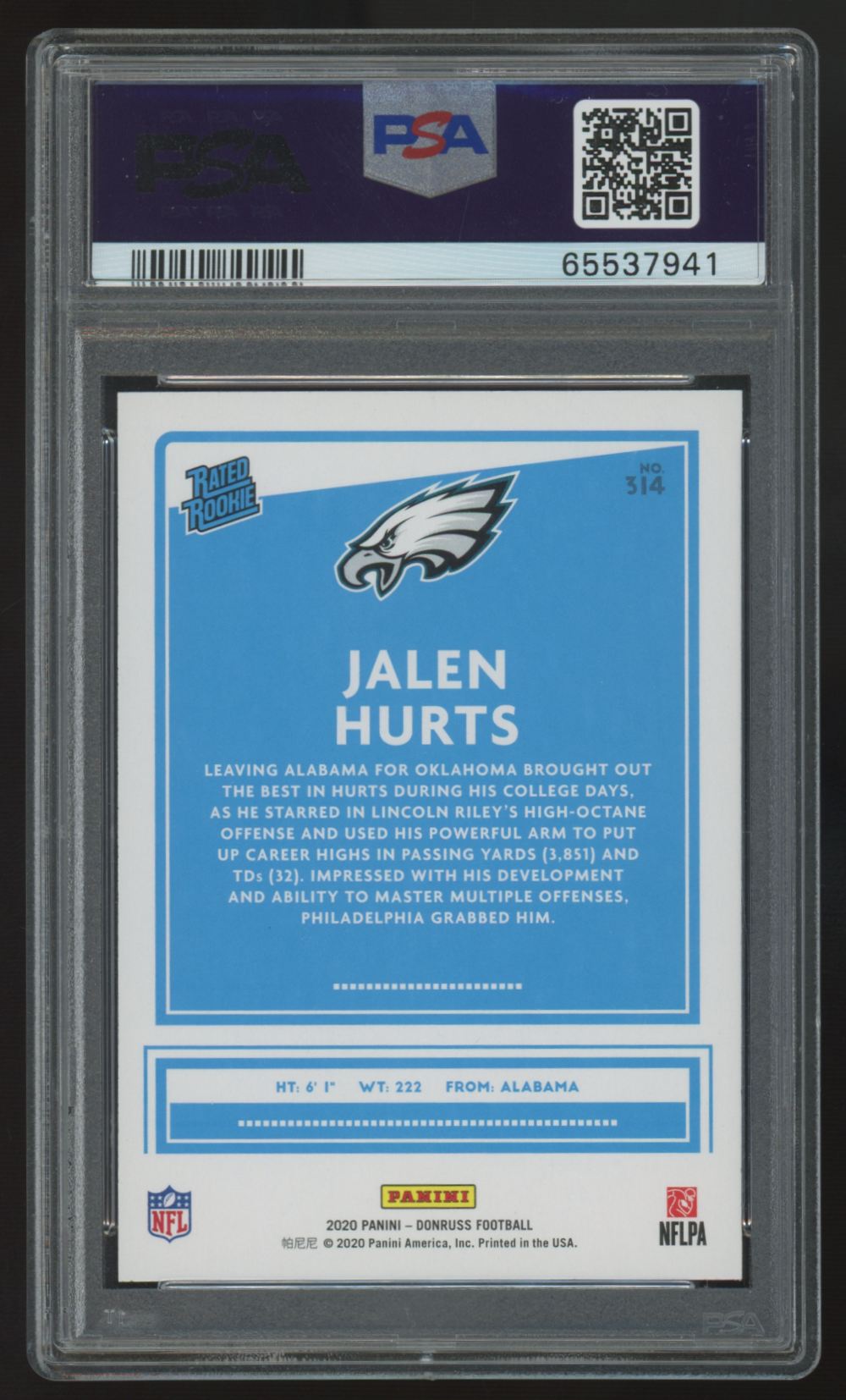 2020 Panini Donruss Jalen Hurts RC Rated Rookie Red Press Proof #314 PSA 10
